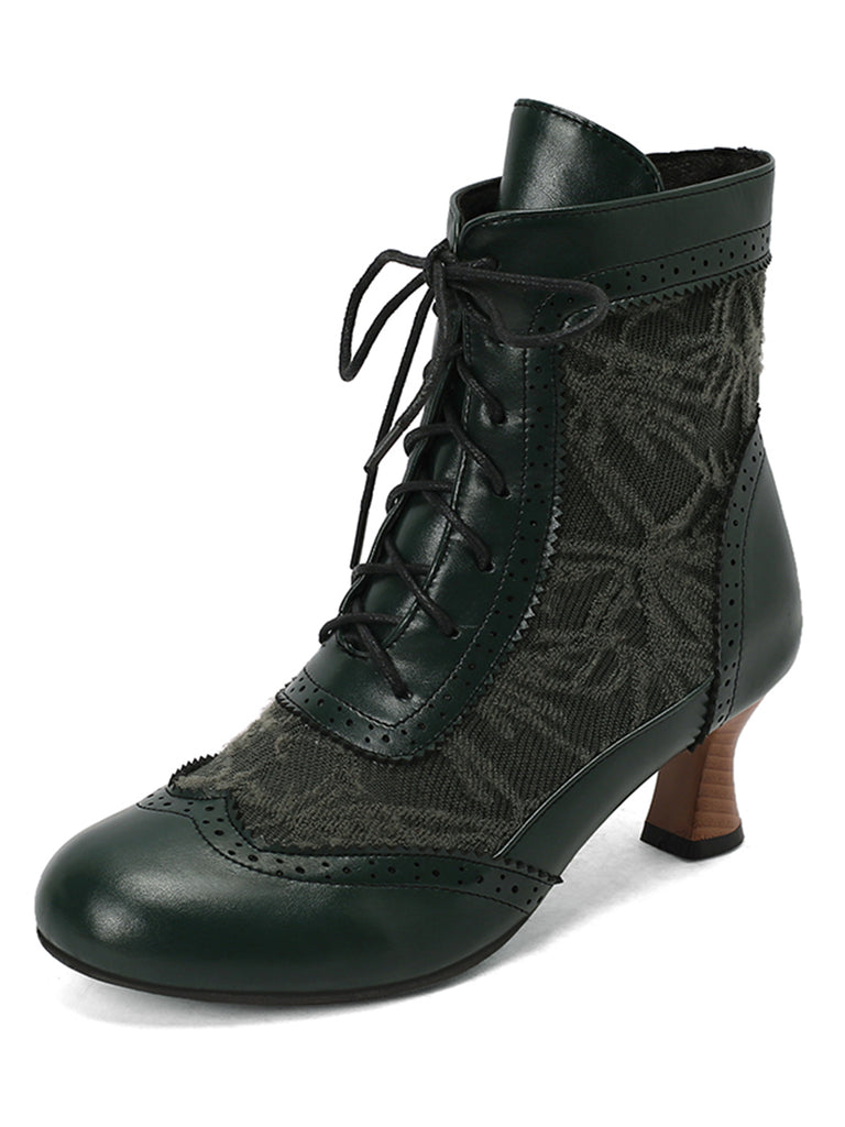 Vintage Leather Solid Lace Heel Boots