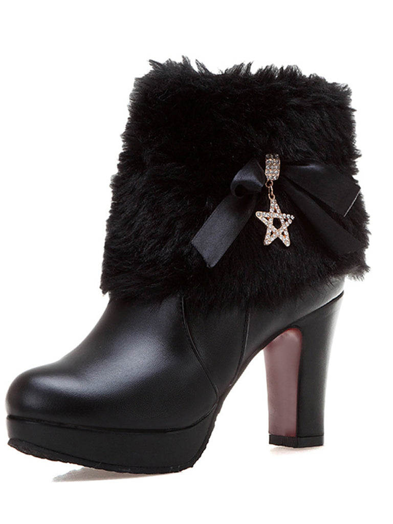 Leather Rhinestone Fur Patchwork High Boots