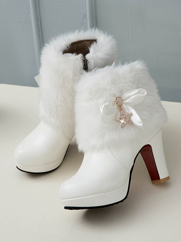 Leather Rhinestone Fur Patchwork High Boots