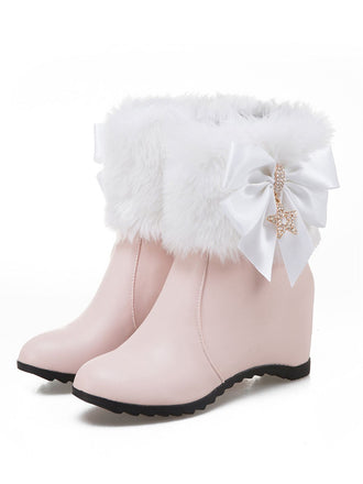 Vintage Faux Fur Bowknot Star Decor Wedge Boots