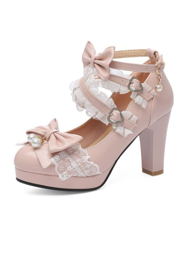 Vintage Bow Pearls Lace Chunky Lolita Heels