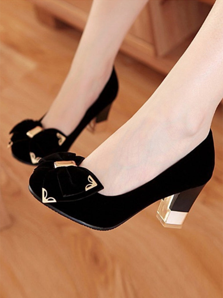 Bow Suede Chunky Heel Shoes