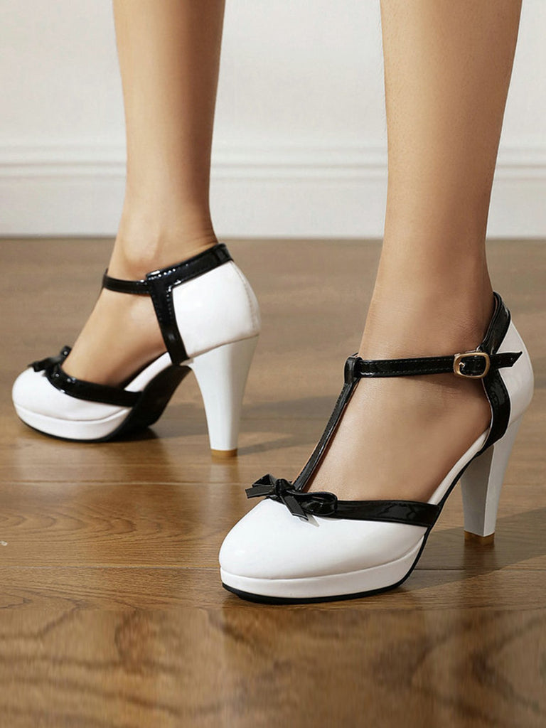 Leather Bow Round Toe Buckle T-Strap Heels