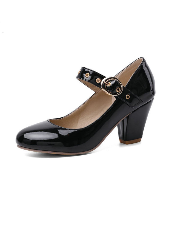 Round Toe Patent Leather Buckle High Heels