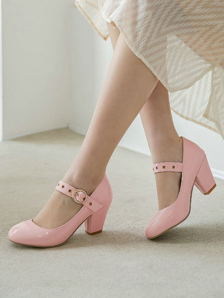 Round Toe Patent Leather Buckle High Heels