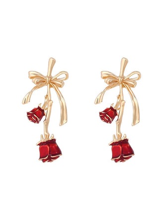 Retro Gold Ribbon 3D Rose Earrings
