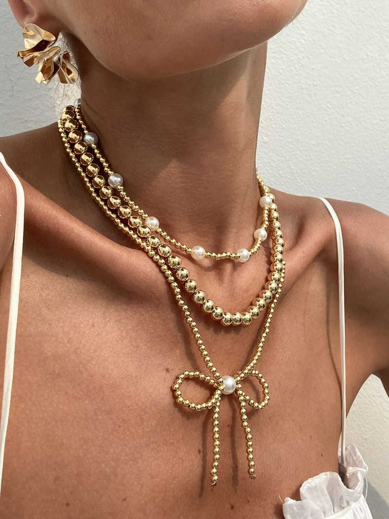 Retro Pearl Beads Bow Layered Necklace