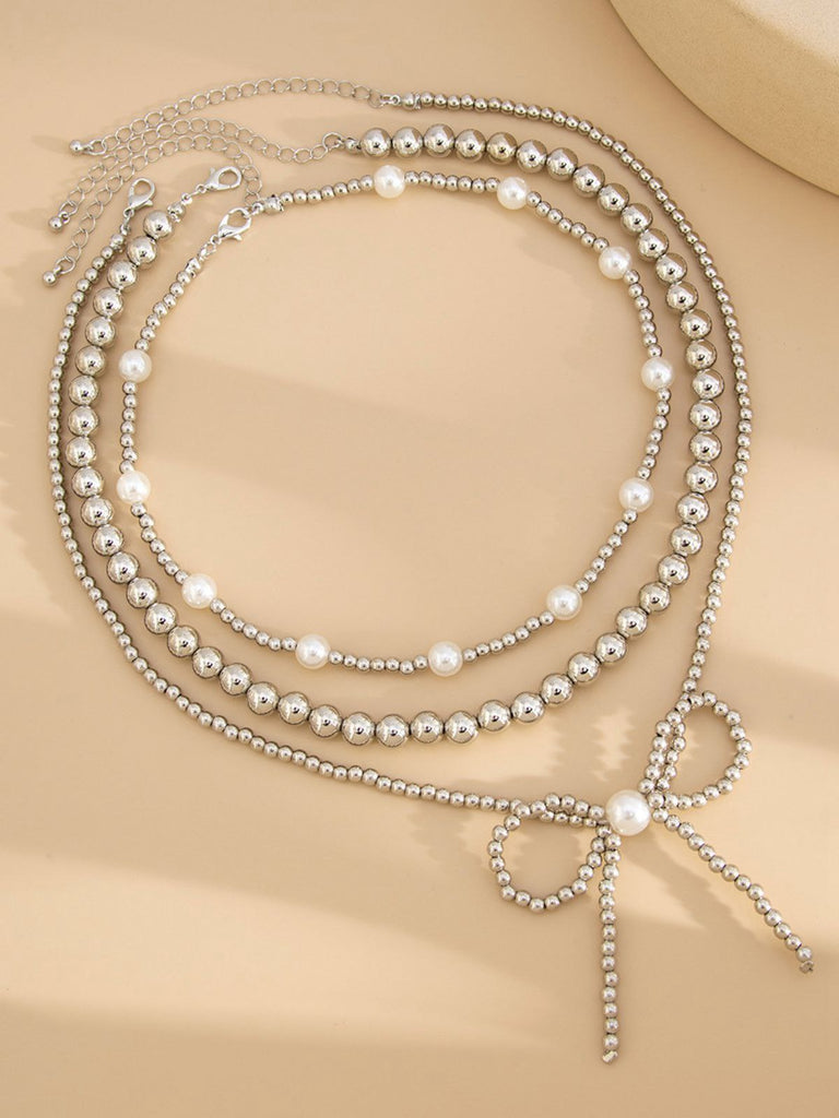 Retro Pearl Beads Bow Layered Necklace