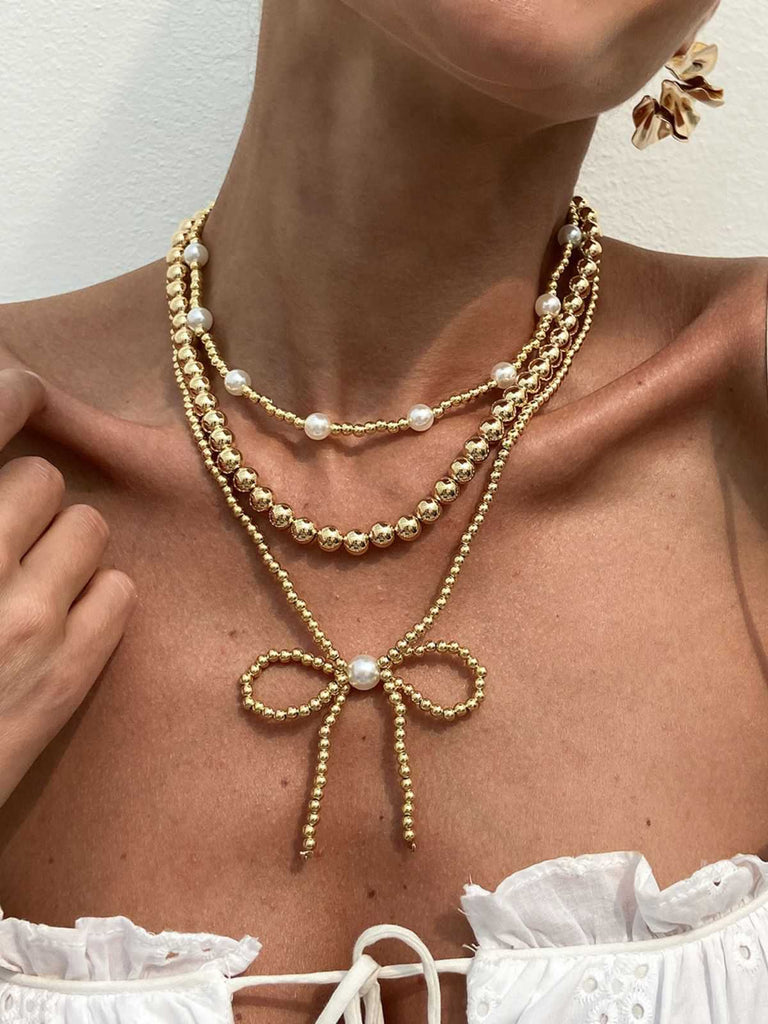 Retro Pearl Beads Bow Layered Necklace