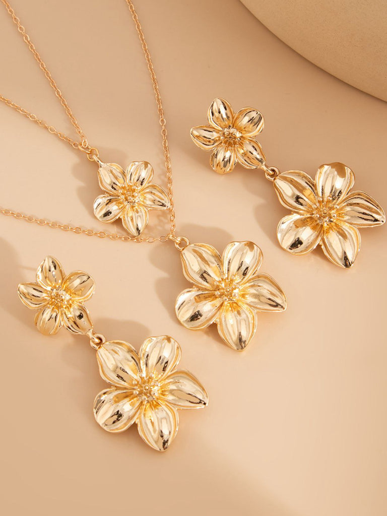 Floral Double Clavicle Necklace & Earrings Set