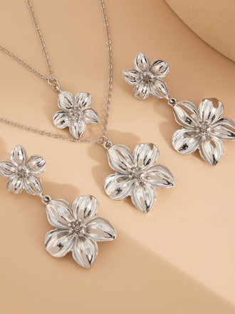 Floral Double Clavicle Necklace & Earrings Set