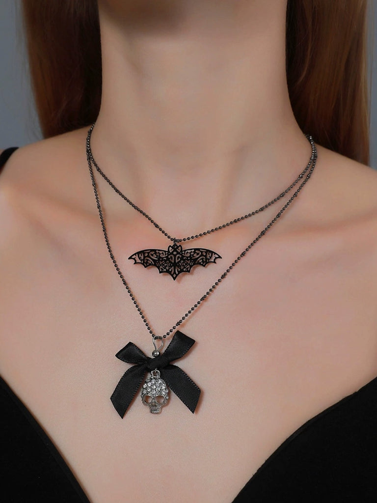 Gothic Bow Bat Skeleton Double Layer Necklace