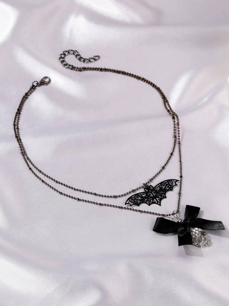 Gothic Bow Bat Skeleton Double Layer Necklace
