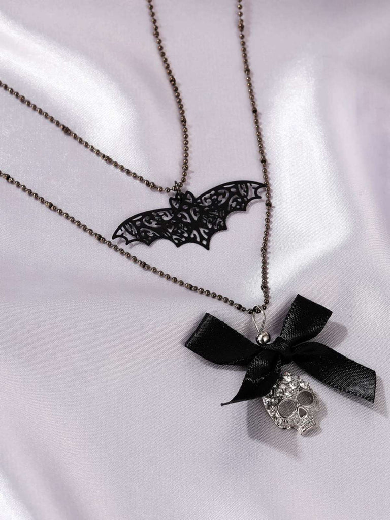 Gothic Bow Bat Skeleton Double Layer Necklace