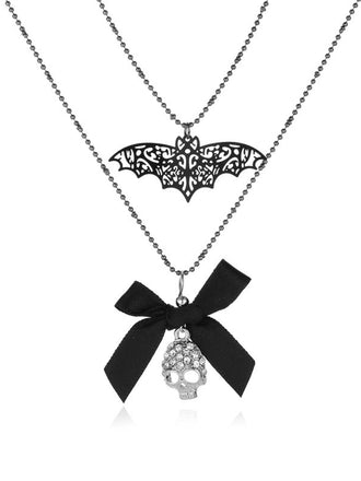 Gothic Bow Bat Skeleton Double Layer Necklace
