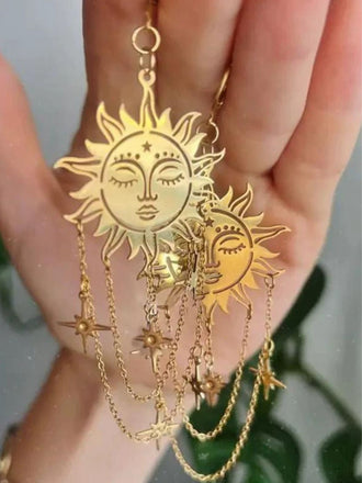 Gold Vintage Sun Face Chain Tarot Earrings