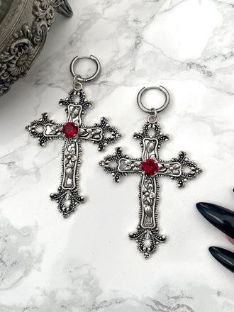 Vintage Halloween Gothic Cross 3D Flower Gemstone Earrings