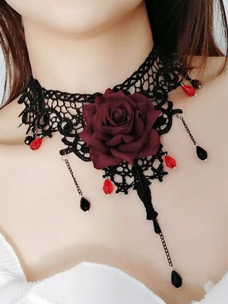 Gothic 3D Rose Gemstone Pendant Choker Necklace