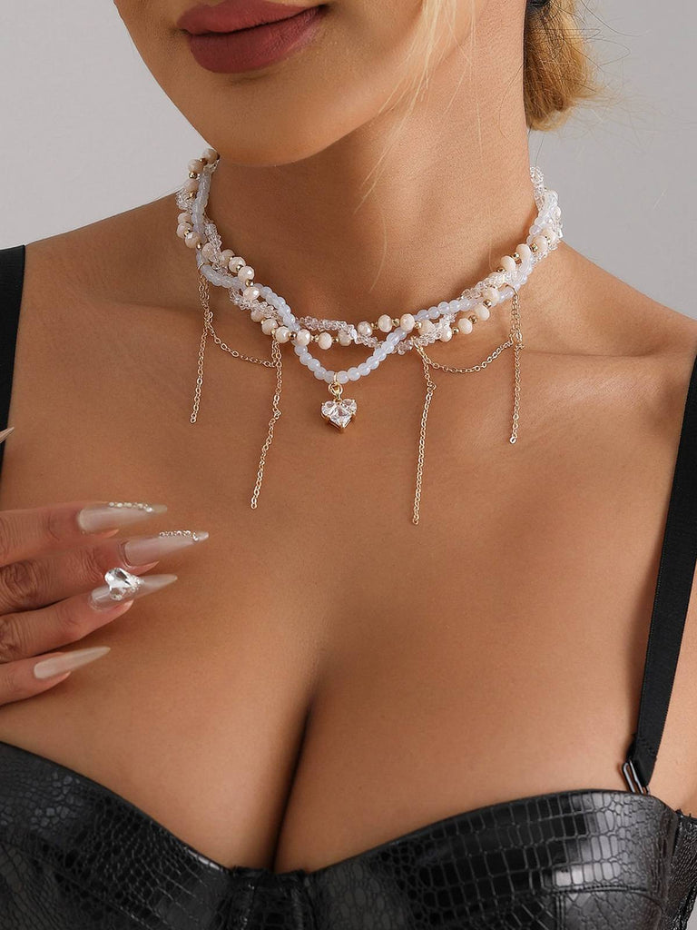 White Heart Rhinestone Pendant Beaded Necklace