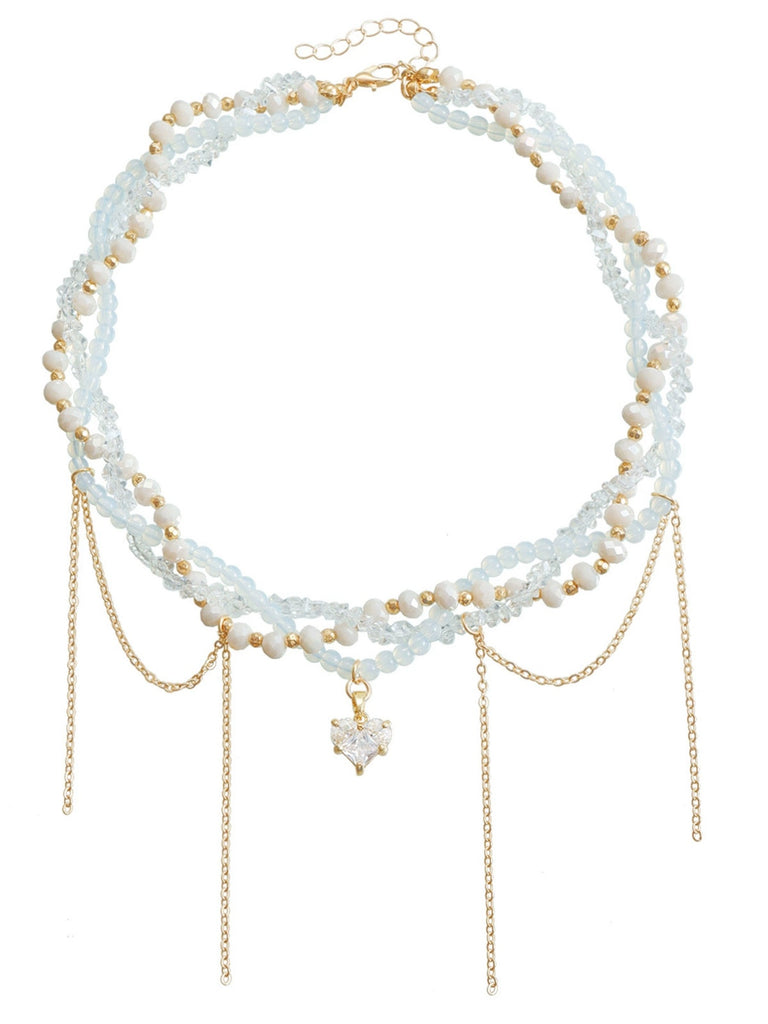 White Heart Rhinestone Pendant Beaded Necklace