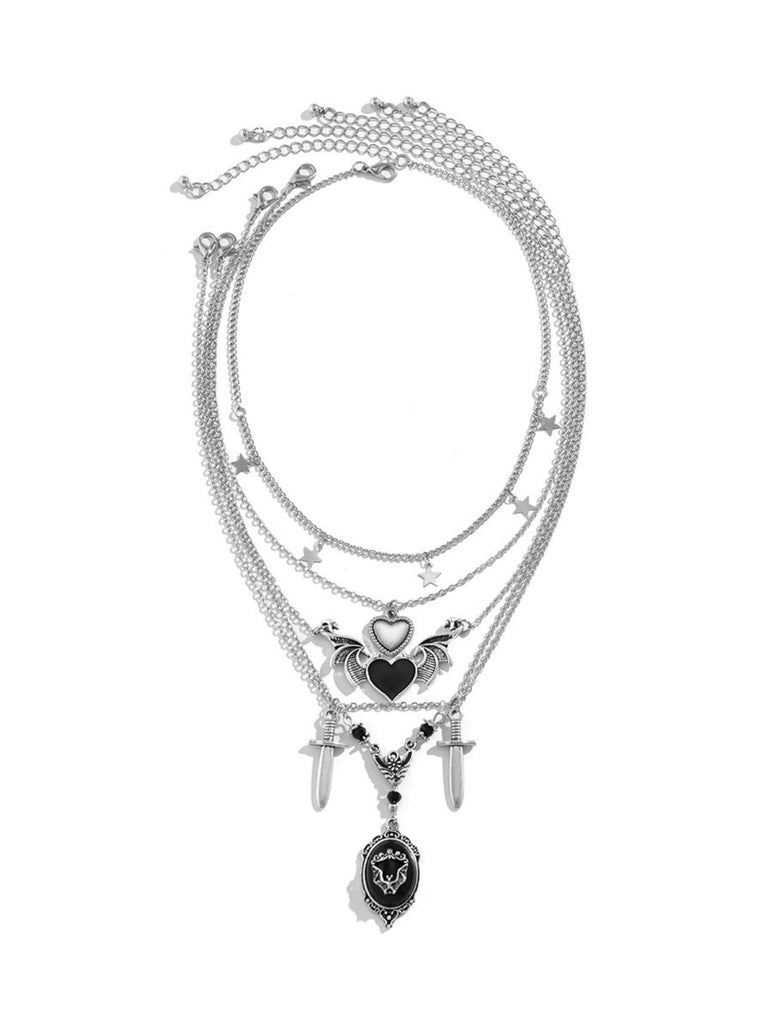 Black Gothic Heart Wings Star Dagger Pendant Necklace Set