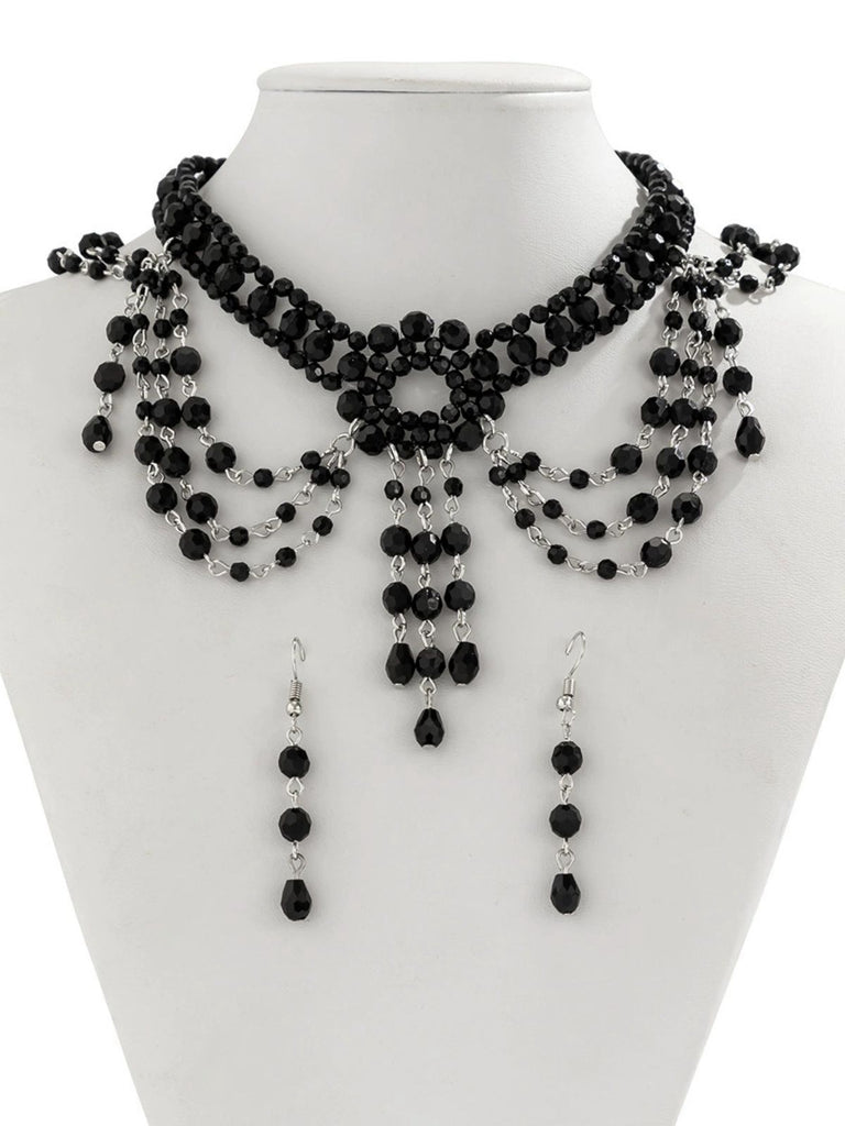 Black Gothic Beaded Crystal Pendant Necklace & Earring Set