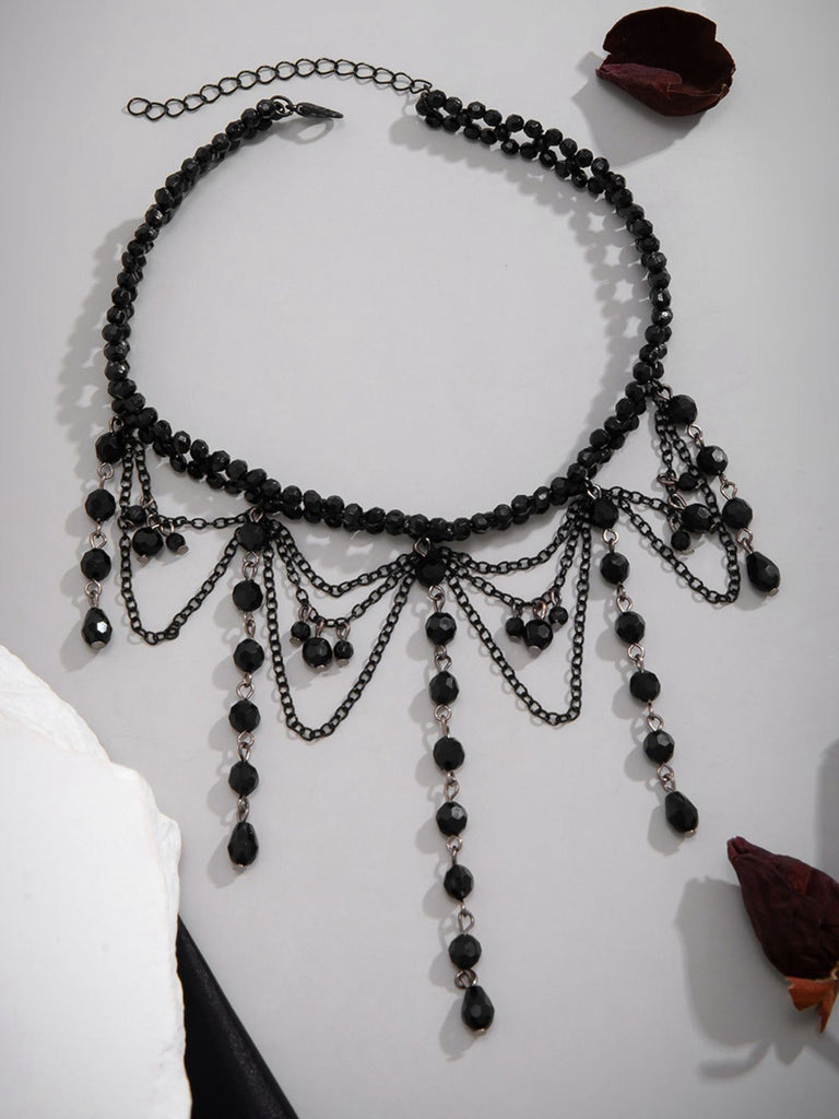 Black Gothic Artificial Crystal Tassels Pendant Necklace