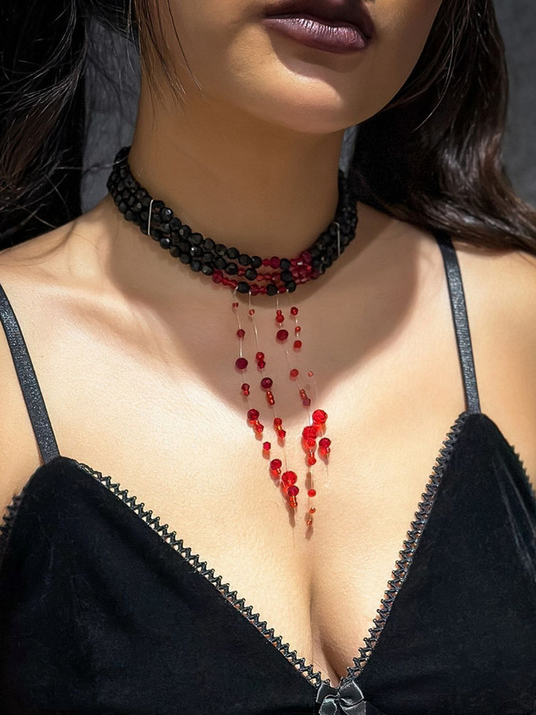 Gothic Multi-Layered Beaded Blooddrop Pendant Necklace