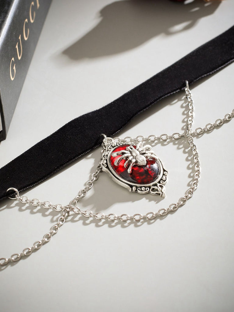 Gothic Spider Red Gemstone Pendant Chain Choker Necklace
