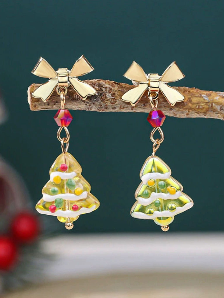 Vintage Gold Bowknot Christmas Tree Dangle Earrings