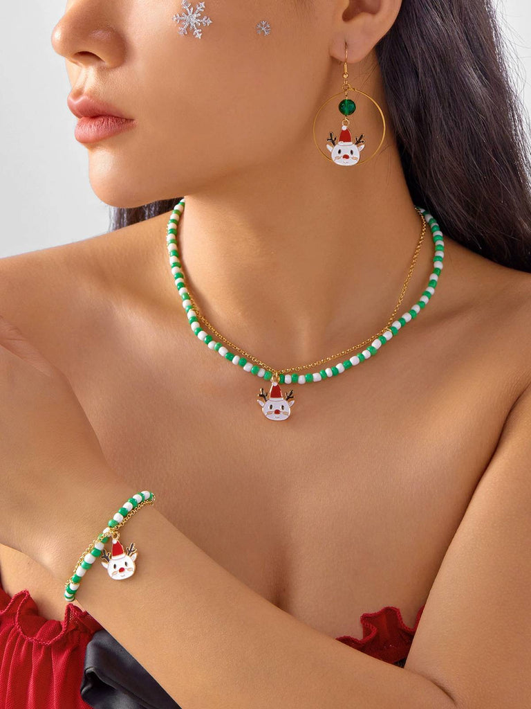 Vintage Christmas Beading Necklace & Bracelet & Earring Set