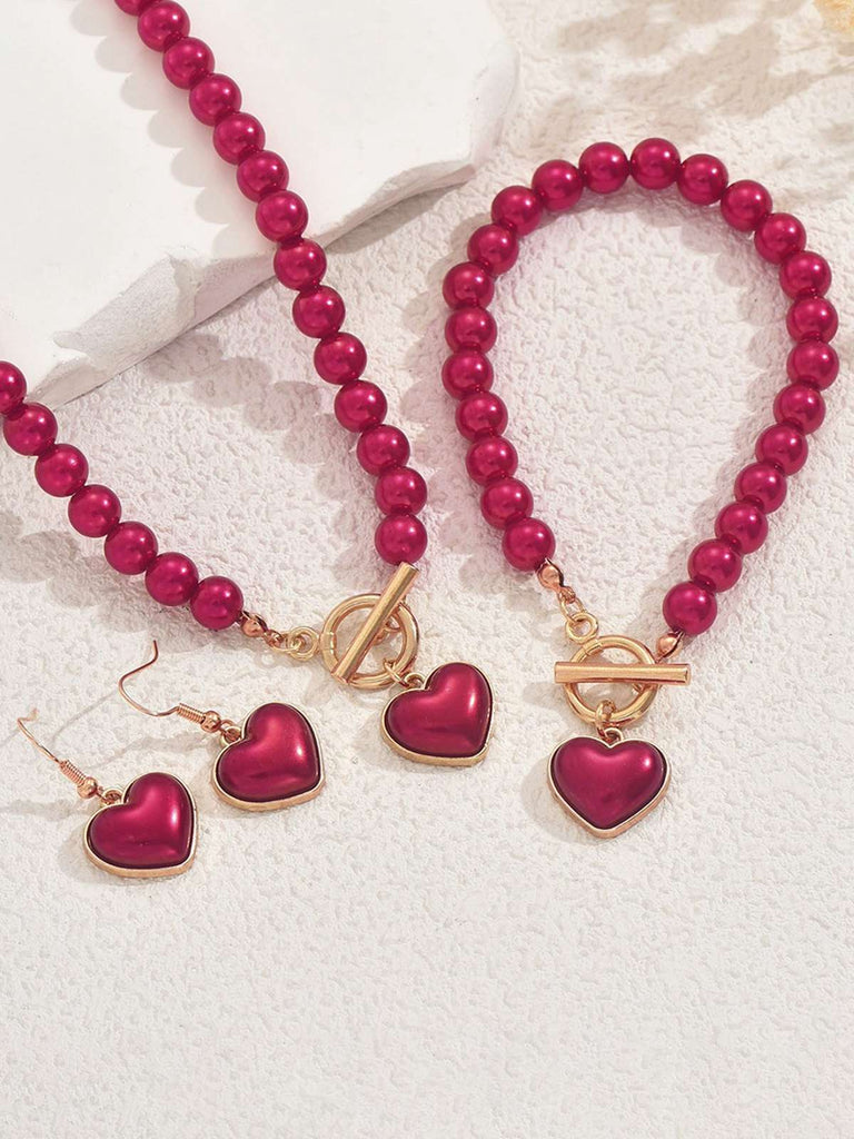 Vintage Heart Pearls Necklace & Bracelet & Earring Set