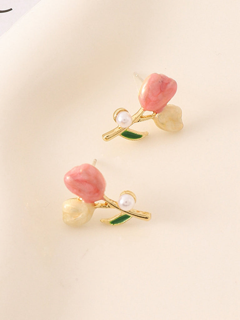 Pink Tulip Flower Pearl Stud Earrings