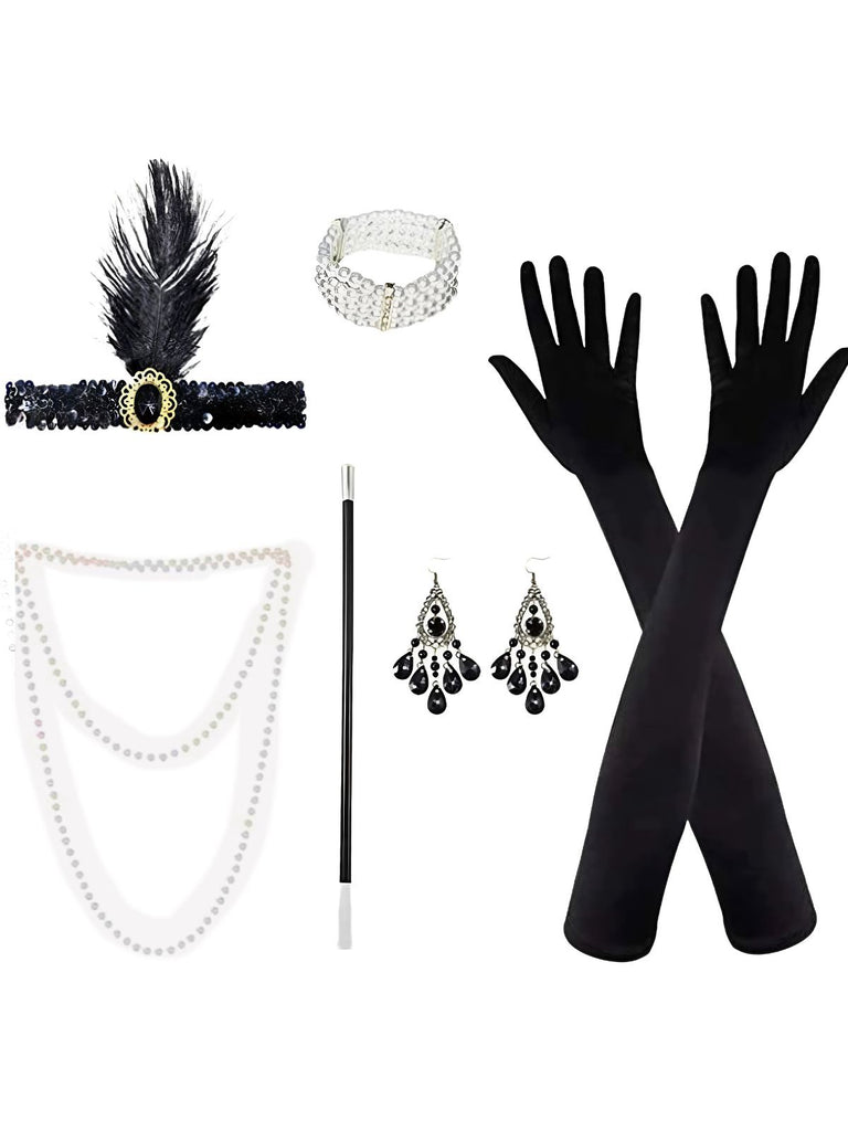 Gatsby 1920s Party Feather Headband & Pearl Necklace Set