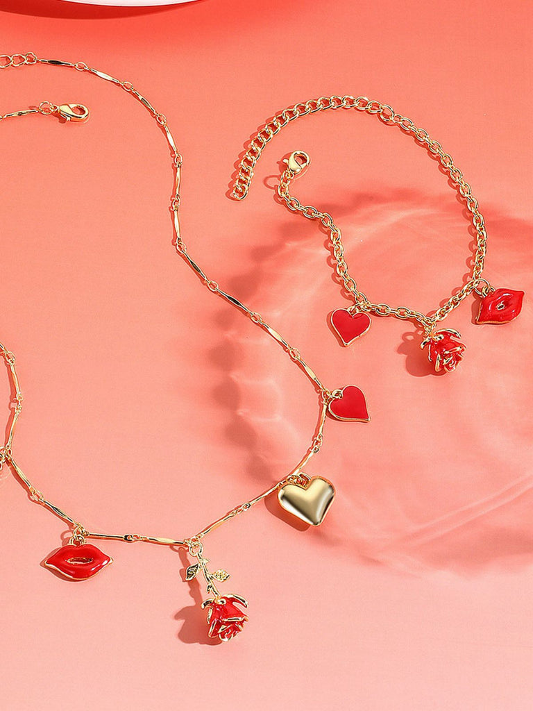 Red Valentine's Rose Heart Lips Necklace & Bracelet Set