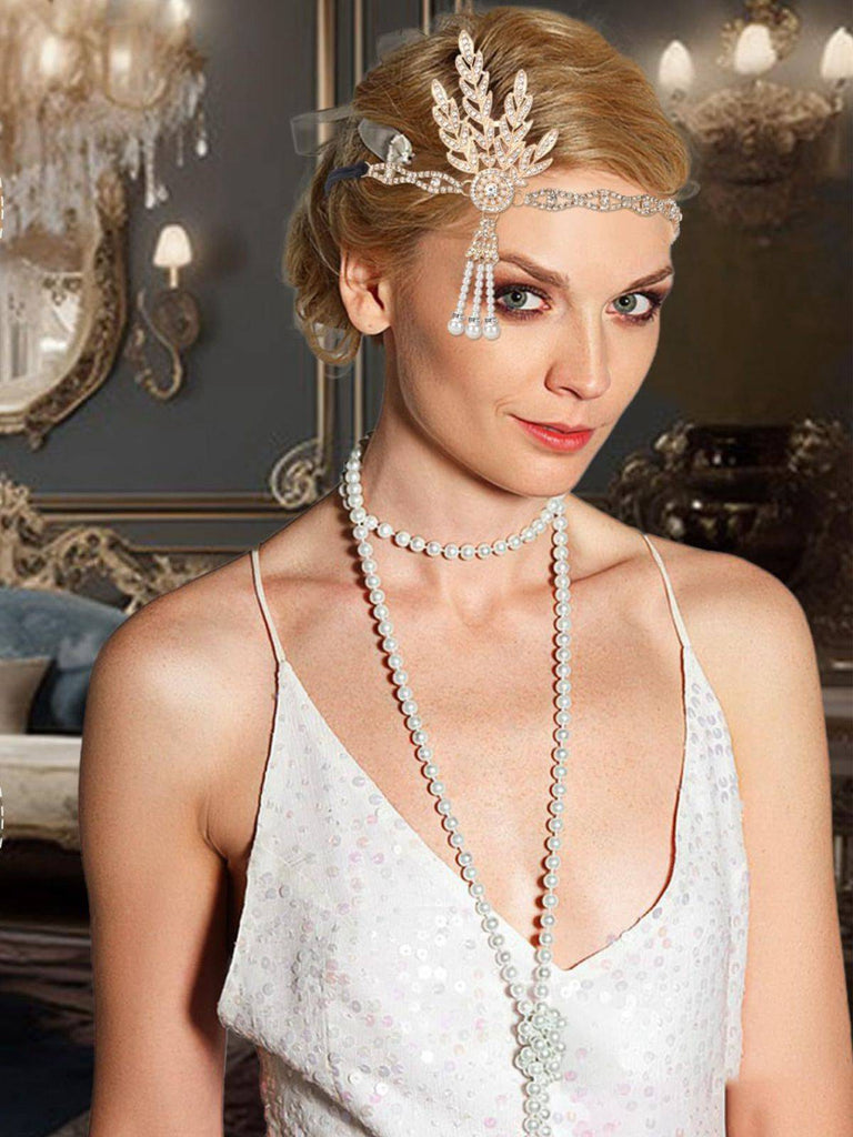 Gatsby Feather Alloy Headband & Pearl Necklace Set