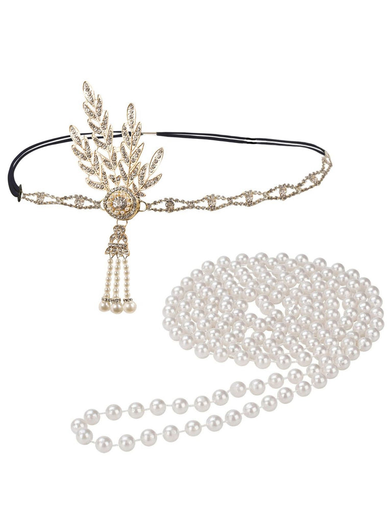 Gatsby Feather Alloy Headband & Pearl Necklace Set
