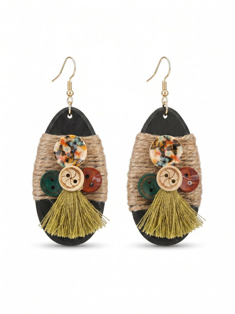 Boho Wooden Button Tassel Drop Earrings, vintage fashion, retro style - perfect for women who love vintage and retro fashion