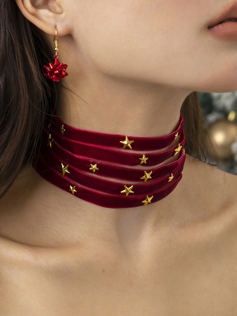 Burgundy Christmas Star Wide Velvet Necklace