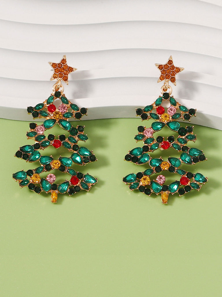 Christmas Tree Alloy Inlaid Diamond Earrings