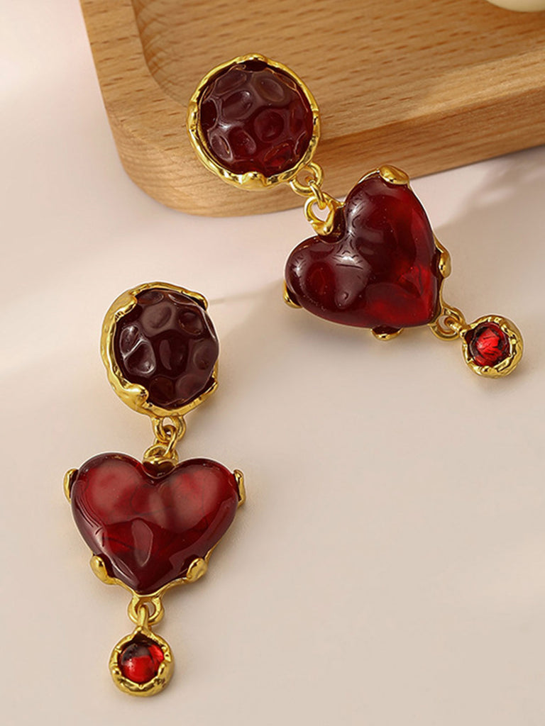 Burgundy Heart Resin Vintage Earrings