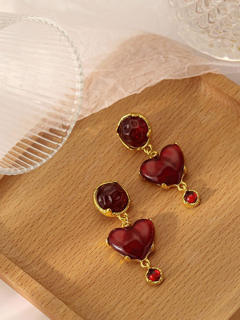 Burgundy Heart Resin Vintage Earrings