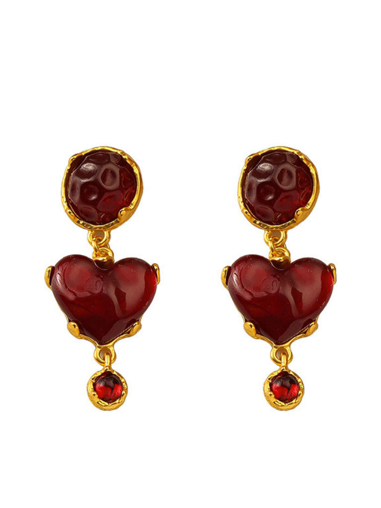 Burgundy Heart Resin Vintage Earrings