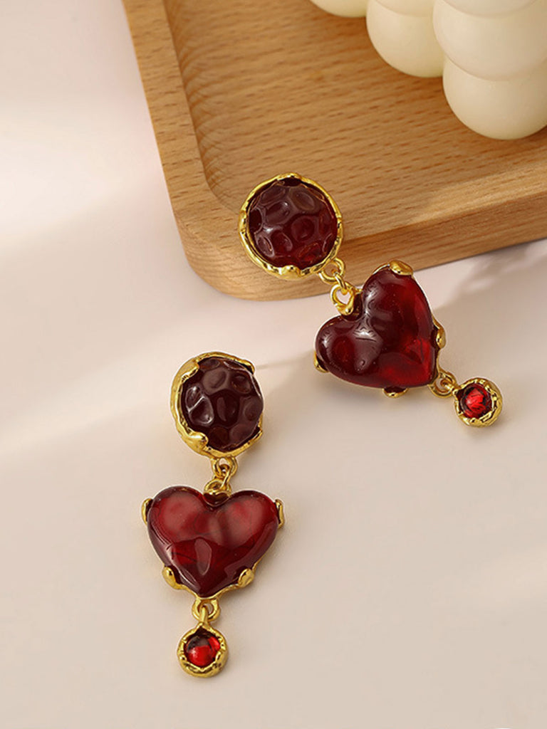 Burgundy Heart Resin Vintage Earrings