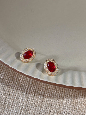 Red Vintage Oval Crystal Diamond Earrings