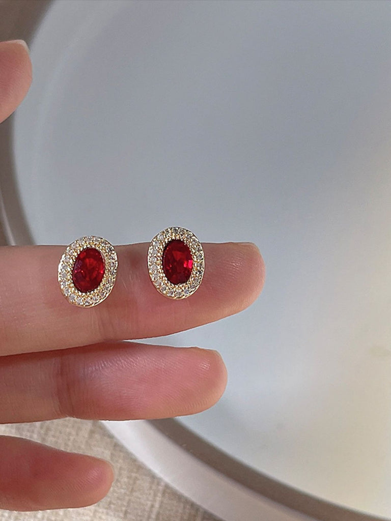 Red Vintage Oval Crystal Diamond Earrings