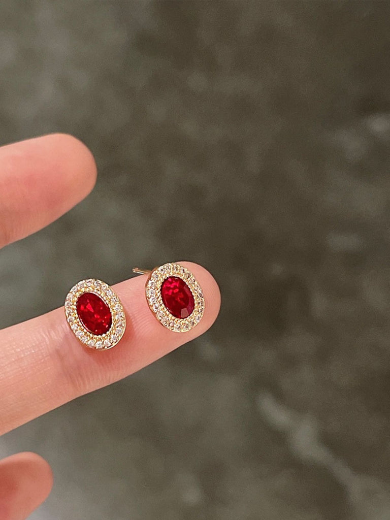 Red Vintage Oval Crystal Diamond Earrings