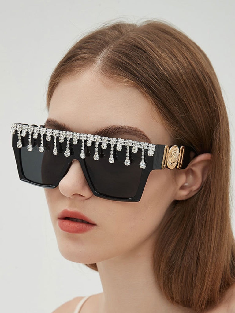 Retro Black Large Frame Diamond Sunglasses
