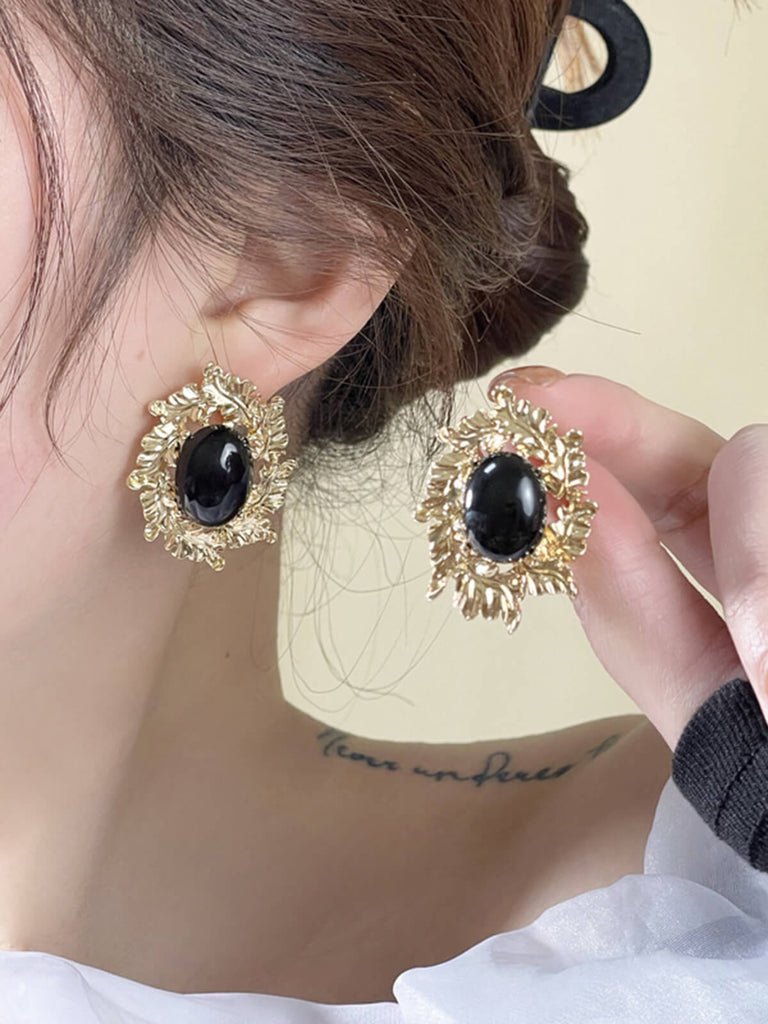 Gold-Rimmed Black Gemstone Earrings