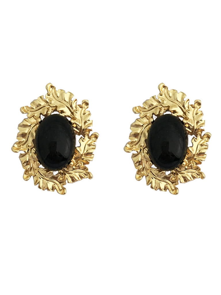 Gold-Rimmed Black Gemstone Earrings
